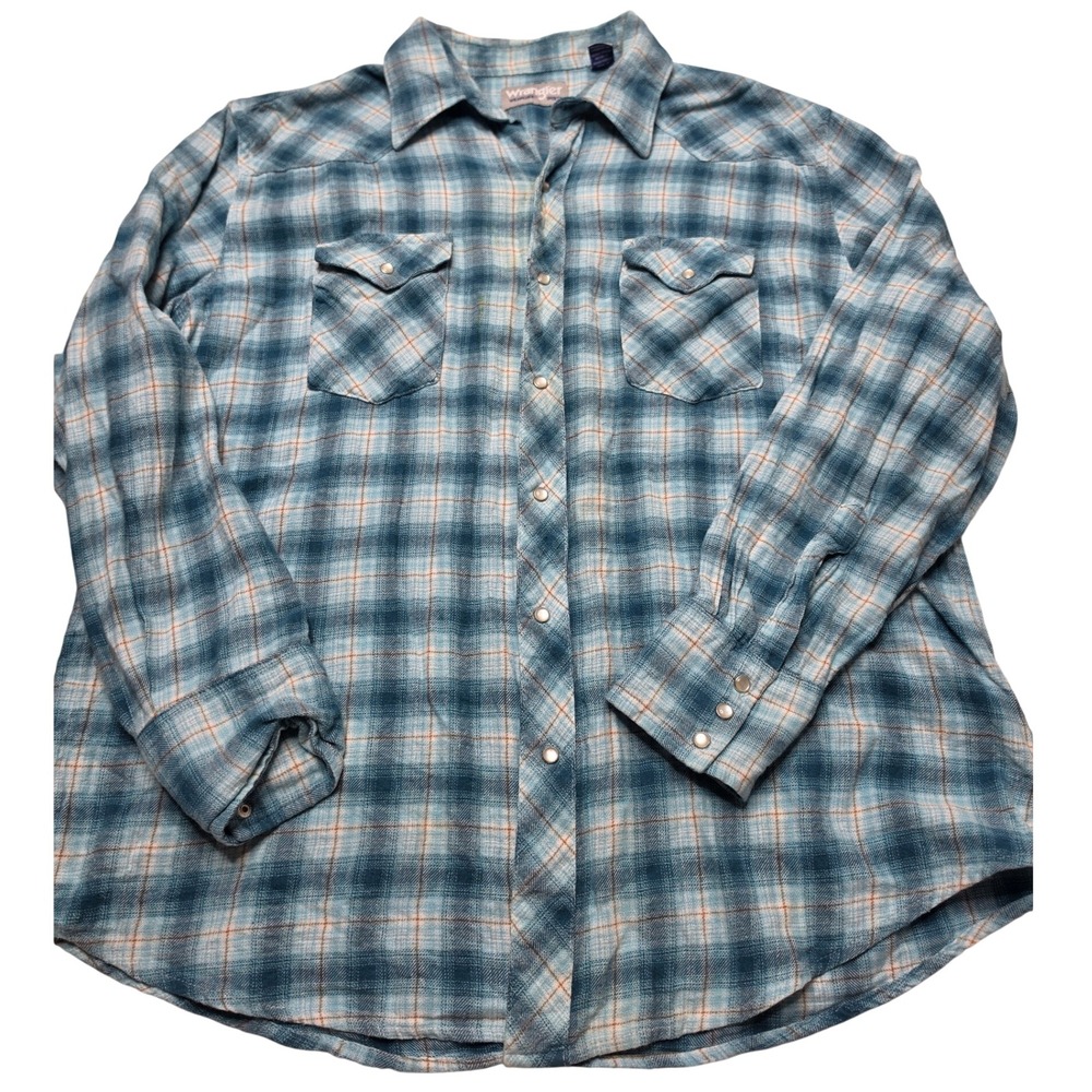 Wrangler Wrancher Mens XL Blue Orange Plaid Pearl Snap Western Flannel Shirt